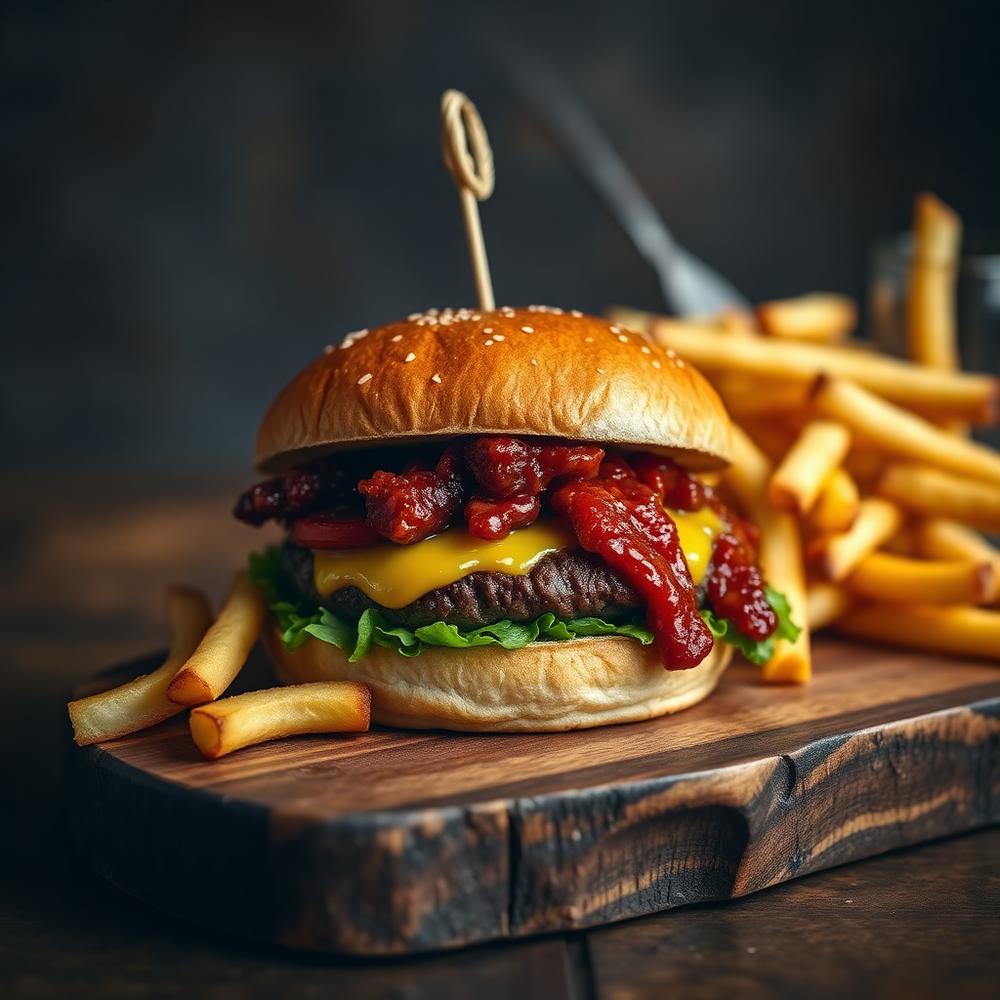 Handcrafted cheeseburger with golden fries on a wooden board