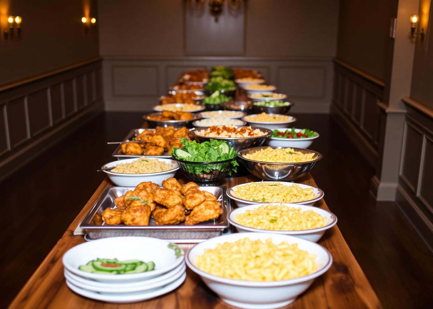 Catering spread of Southern comfort food platters on a long table