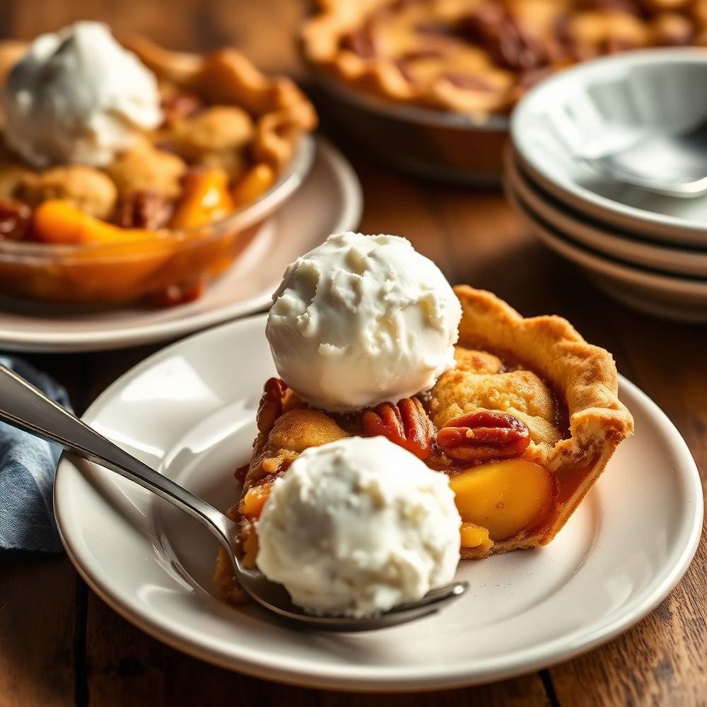 Homemade peach cobbler and pecan pie with vanilla ice cream