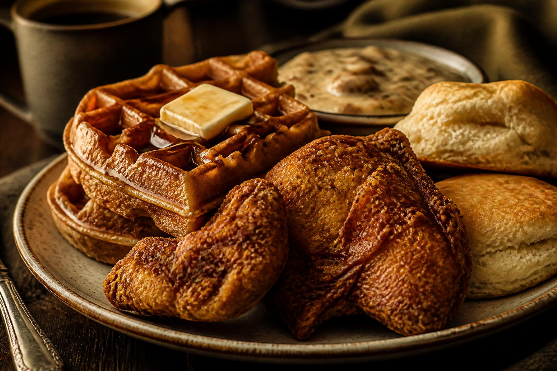Southern fried chicken, waffles and buttermilk biscuits served at Chef Paul's Café in Fresno