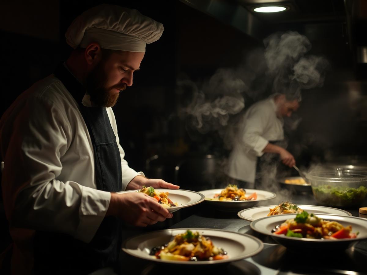 Chef plating dishes in the café kitchen