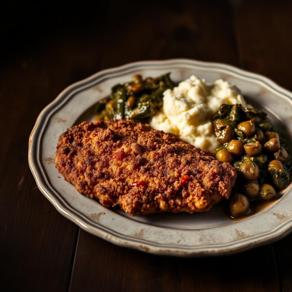 Chicken fried steak with mashed potatoes and greens